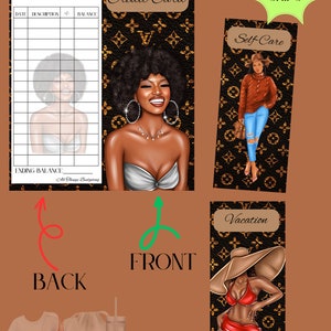 May include: Cash envelope set with a black and gold Louis Vuitton pattern. The envelopes feature illustrations of women in different settings, including a woman with an afro wearing a white top, a woman wearing a brown sweater and jeans, and a woman wearing a red bikini and a large sun hat.