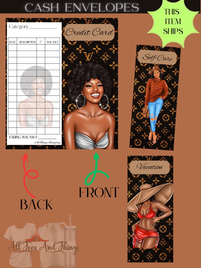 May include: Cash envelope set with a black and gold Louis Vuitton pattern. The envelopes feature illustrations of women in different settings, including a woman with an afro wearing a white top, a woman wearing a brown sweater and jeans, and a woman wearing a red bikini and a large sun hat.