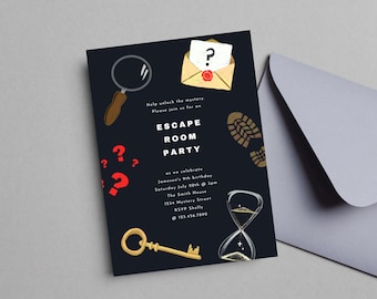 Plantilla de invitación digital para fiesta de cumpleaños de Escape Room/Editar en Canva
