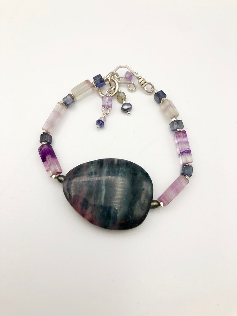 Bracelet Beaded Purple Rainbow Fluorite Sterling Dumortierite Blue Iolite