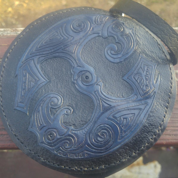 Round Leather wristlet or belt pouch with Odin's Ravens