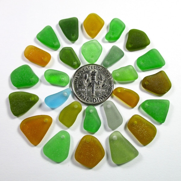 GENUINE SEA GLASS 12mm Beads 26 Flawless Top Drilled Green Honey Amber Colors Surf Tumbled Beach Seaglass Jewelry Pendants Earrings T 888
