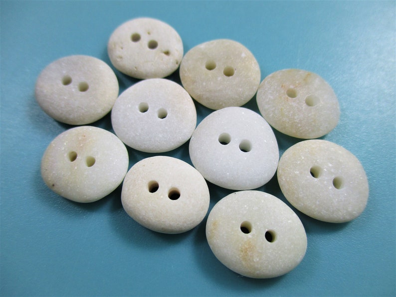 BEACH STONE 13mm BUTTONS 10 Flawless 2 Hole White Cream Real Surf Tumbled Natural Greek Rock Sewing Knitting Crochet Pebble Button Peb 2124
