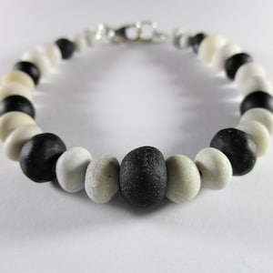 GENUINE SEA GLASS Beach Stone Bracelet 9 Black Vintage Beach Found Beads Real Surf Tumbled Sterling Silver Natural Seaglass Jewelry B 480