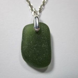GENUINE SEA GLASS Necklace Sterling Silver Flawless Dark Green Gem Real Surf Tumbled Natural Greek Beach Seaglass Pendant Jewelry  N 498j