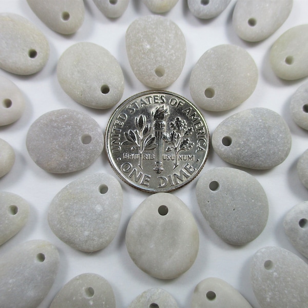 BEACH STONE 13mm Beads 26 Top Front Drilled Pendants Earrings Light Grey Gray Surf Tumbled Natural Greek Beach Rocks Jewelry Bead  Peb 2043