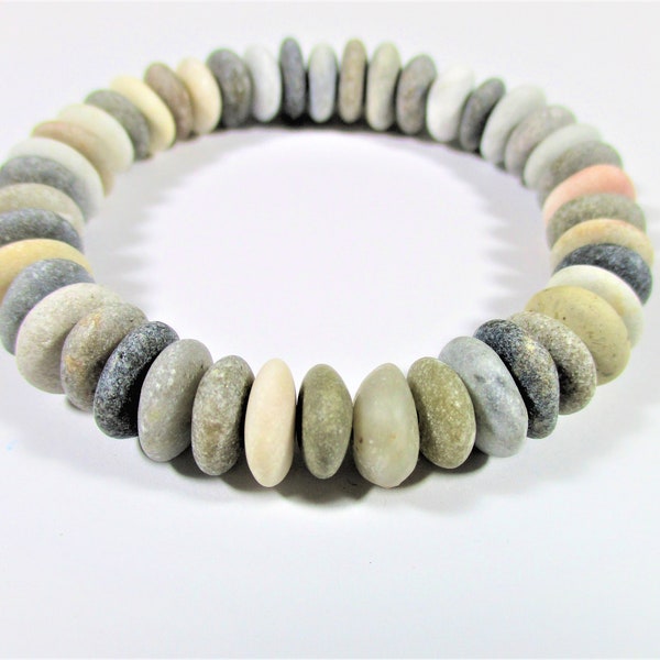 BEACH STONE BRACELET 11 mm Beads 42 Center Drilled Black Brown White Grey Beige Surf Tumbled Natural Sea Stones Rock Jewelry Beads  Peb 2484