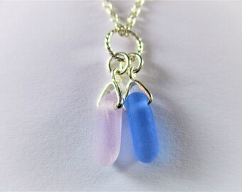 GENUINE SEA GLASS Necklace Sterling Silver Flawless Pink Cornflower Blue Gem Real Surf Tumbled Natural Beach Seaglass Pendant Jewelry N 674d