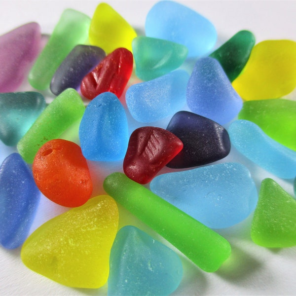 GENUINE SEA GLASS Gems 28 Red Yellow Orange Cornflower Aqua Purple Lime Surf Tumbled Unaltered Beach Seaglass Jewelry Quality Bead  U 1599