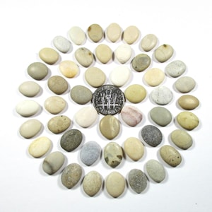 May include: A collection of small, smooth, oval-shaped river stones in various shades of beige, gray, tan, and white, arranged in a circular pattern around a single silver-colored United States dime coin placed near the center of the arrangement.