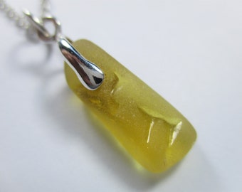 GENUINE SEA GLASS Necklace Sterling Silver Golden Yellow Honey Textured Pendant Surf Tumbled Natural Greek Beach Seaglass Jewelry  N 667d