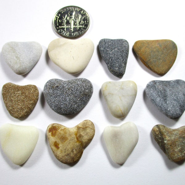 BEACH STONE HEARTS 12 Black White Brown Cream Grey Real Surf Tumbled Unaltered Natural Stones Pebble Rock Art Craft Jewelry Beads Peb 2635