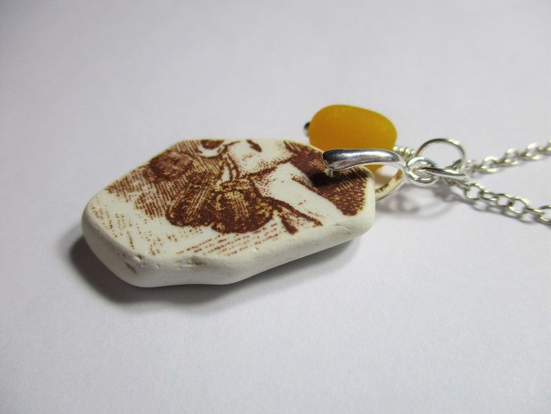 BEACH SEA POTTERY Necklace Sterling Silver Surf Tumbled Fire Yellow Vintage Sea Glass Bead Brown Beach Found Shard Pendant Jewelry N 859