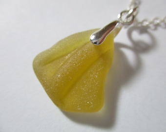 GENUINE SEA GLASS Necklace Sterling Silver Rare Golden Yellow Textured Pendant Real Surf Tumbled Natural Greek Beach Seaglass Jewelry N 814