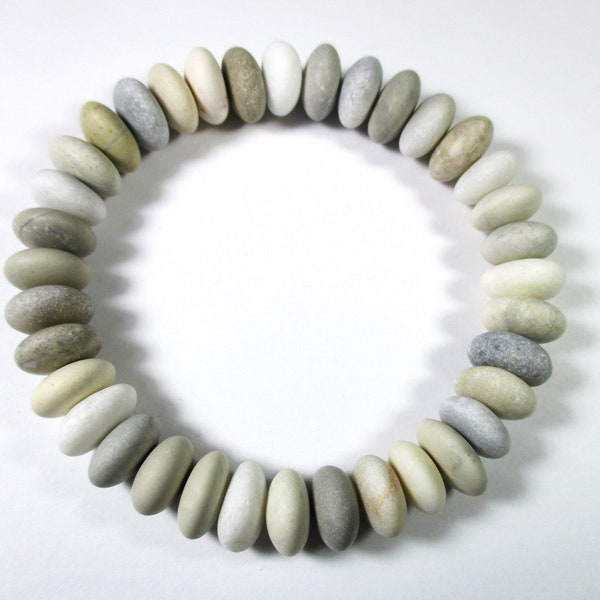 BEACH STONE BRACELET 11 mm Beads 36 Center Drilled White Cream Light Grey Real Surf Tumbled Genuine Natural Sea Stones Rock Jewelry Peb 2654