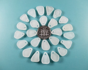 25 cuentas de 13 mm de auténtico cristal marino, blanco impecable, transparente, perforadas en la parte superior, auténticas cuentas de vidrio marino griego de playa, T 923