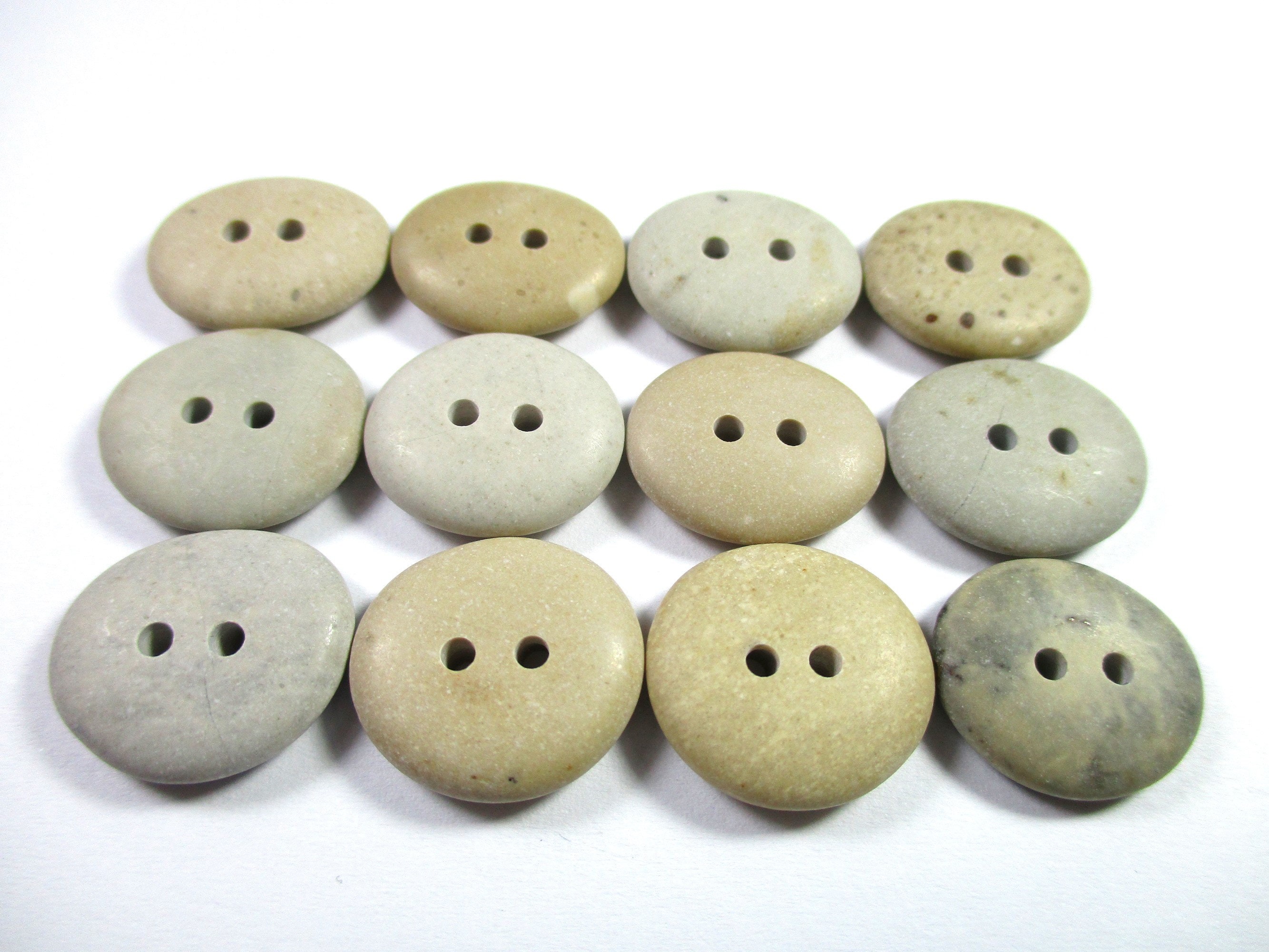 Rectangular Stone Button BEACH STONE 16mm BUTTONS 12 Flawless Two Hole Beige Grey Brown Real ...