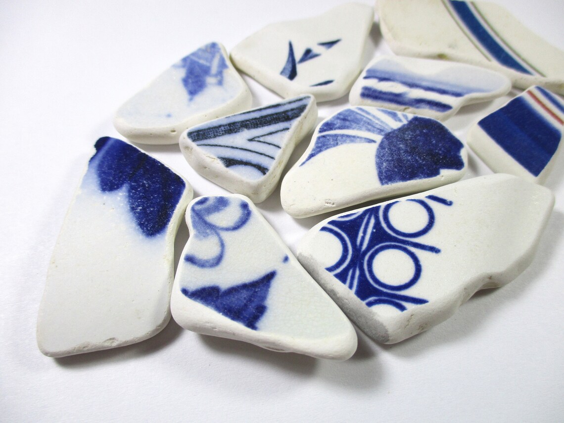 Patterns Blue Shard SEA POTTERY SHARDS 10 Big Blue Patterns Real Surf Tumbled Natural ...