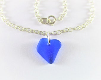 GENUINE SEA GLASS Anklet Flawless Cobalt Blue Heart Sterling Silver Surf Tumbled Natural Greek Beach Seaglass Ankle Bracelet Jewelry  A 157d