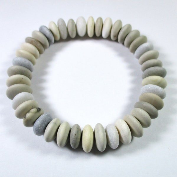 BEACH STONE BRACELET 11 mm Beads 41 Center Drilled White Cream Light Grey Real Surf Tumbled Genuine Natural Sea Stones Rock Jewelry Peb 2653