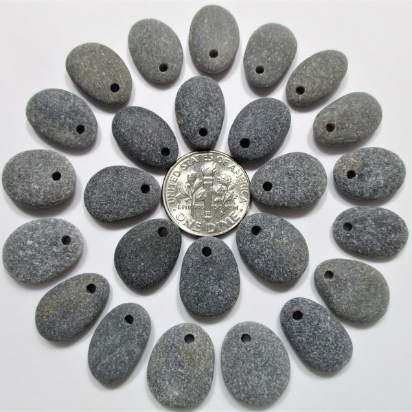 BEACH STONE 15mm Beads 24 Top Drilled Pendants Earrings Flawless Black Dark Grey Surf Tumbled Natural Greek Rock Jewelry Bead  Peb 1753