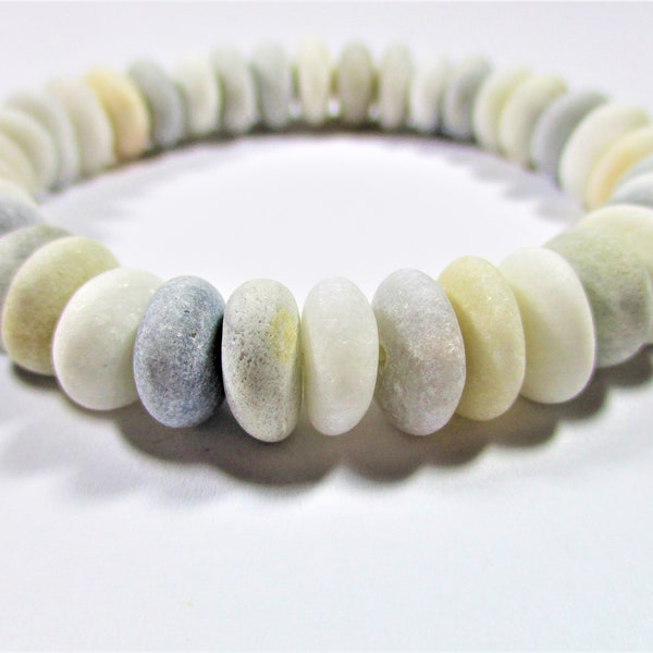 BEACH STONE BRACELET 11 mm Beads 35 Center Drilled White Cream Grey Real Surf Tumbled Natural Sea Stones Rock Jewelry Pebble Bead  Peb 2366