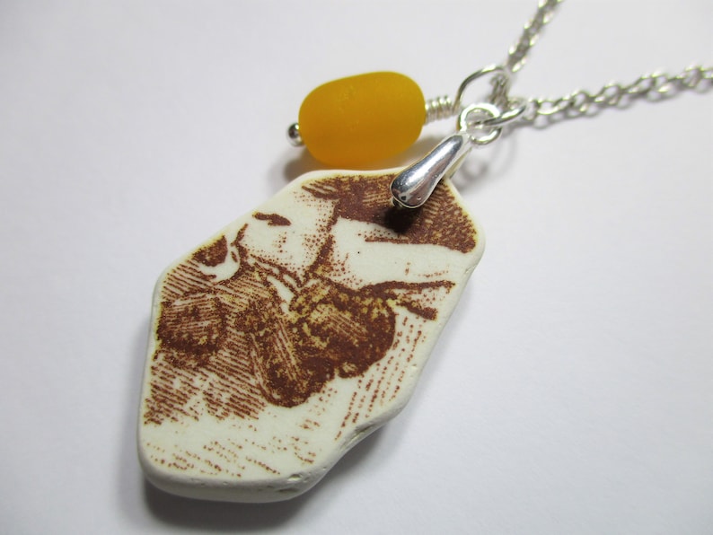 BEACH SEA POTTERY Necklace Sterling Silver Surf Tumbled Fire Yellow Vintage Sea Glass Bead Brown Beach Found Shard Pendant Jewelry N 859