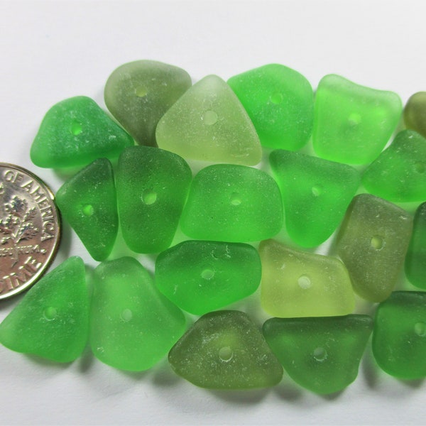 GENUINE SEA GLASS 13mm Beads 20 Green Shades Center Drilled Real Surf Tumbled Natural Greek Beach Found Seaglass Jewelry Quality Bead  C 506