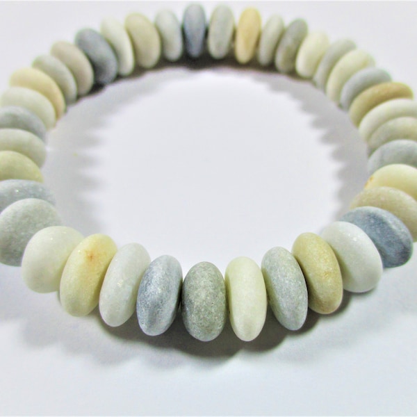 BEACH STONE BRACELET 11 mm Beads 38 Center Drilled White Cream Grey Real Surf Tumbled Natural Sea Stones Rock Jewelry Pebble Bead  Peb 2362