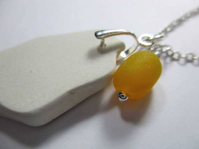 BEACH SEA POTTERY Necklace Sterling Silver Surf Tumbled Fire Yellow Vintage Sea Glass Bead Brown Beach Found Shard Pendant Jewelry N 859