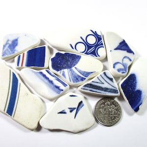 SEA POTTERY SHARDS 10 Big Blue Patterns Real Surf Tumbled Natural Unaltered Authentic Greek Beach Found Art Craft Mosaic Jewelry Bead U 1749