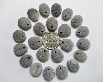 BEACH STONE 13mm Beads 23 Top Drilled Pendants Dark Grey Real Surf Tumbled Natural Greek Beach Stones Rock Pebble Jewelry Bead  Peb 1748