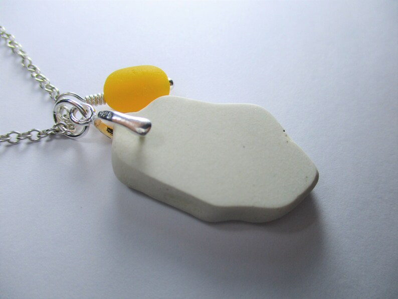 BEACH SEA POTTERY Necklace Sterling Silver Surf Tumbled Fire Yellow Vintage Sea Glass Bead Brown Beach Found Shard Pendant Jewelry N 859