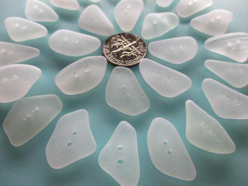 GENUINE SEA GLASS 20mm Buttons 27 Flawless White Clear Real Surf Tumbled Natural Greek Beach Seaglass Sewing Knitting Button Beads But 234