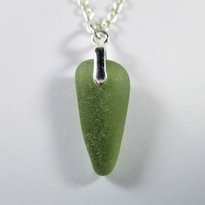 GENUINE SEA GLASS Necklace Sterling Silver Flawless Moss Olive Green Real Surf Tumbled Natural Greek Beach Seaglass Pendant Jewelry  N 528I