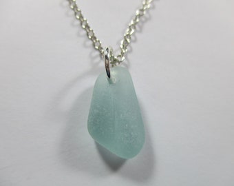 GENUINE SEA GLASS Necklace Sterling Silver Chain Flawless Aqua Blue Real Surf Tumbled Natural Greek Beach Seaglass Pendant Jewelry  N 514b