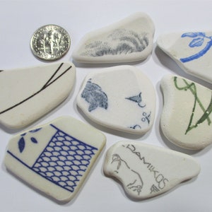BEACH SEA POTTERY Shards Big 7 Teal Blue Black Green Patterns Writing Surf Tumbled Unaltered Undrilled Greek Pendant Jewelry Beads  U 1099