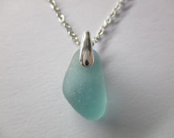 GENUINE SEA GLASS Necklace Sterling Silver Chain Aqua Blue Nugget Gem Real Surf Tumbled Natural Beach Seaglass Jewelry Quality Pendant N 809