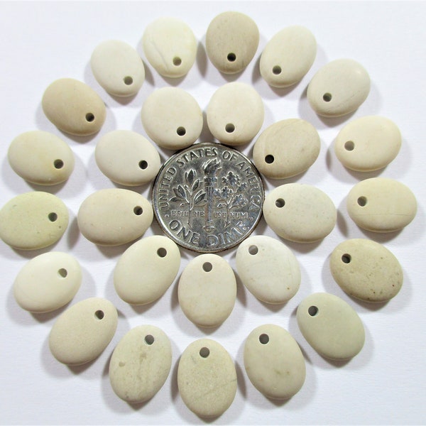 BEACH STONE 11mm Beads 26 Small Cream Beige Top Front Drilled Earrings Charms Real Surf Tumbled Natural Sea Rock Pebble Jewelry  Peb 2477