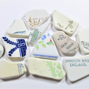 BEACH SEA POTTERY Shards 11 Blue Green Black Teal Brown Writing Patterns Real Surf Tumbled Natural Unaltered Art Craft Jewelry Beads  U 1694