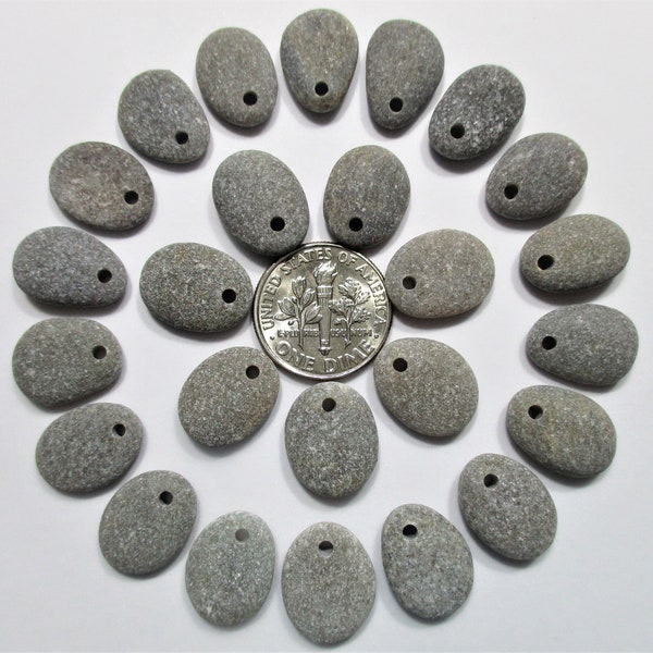 BEACH STONE 14mm Beads 25 Top Drilled Pendants Earrings Khaki Grey Real Surf Tumbled Natural Greek Stones Rock Pebble Jewelry Bead Peb 1670