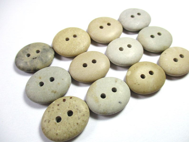 Rectangular Stone Button BEACH STONE 16mm BUTTONS 12 Flawless Two Hole Beige Grey Brown Real ...