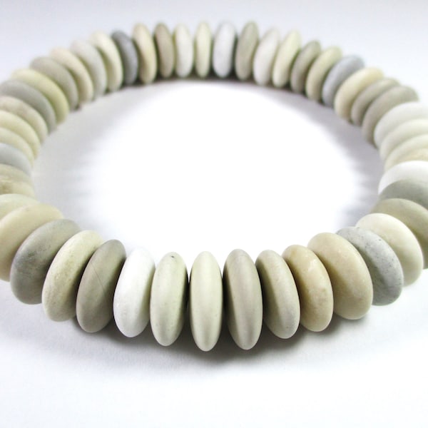 BEACH STONE BRACELET 11 mm Beads 48 Center Drilled White Cream Light Grey Real Surf Tumbled Natural Flat Sea Stones Rock Jewelry  Peb 2652