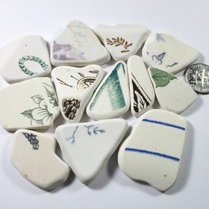 SEA POTTERY SHARDS 12 Blue Green Black Brown Real Patterns Surf Tumbled Natural Unaltered Beach Found Art Craft Mosaic Jewelry Bead U 1752
