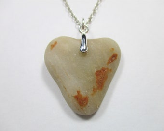 GENUINE BEACH STONE Necklace Sterling Silver Flawless Beige Heart Natural Unenhanced Real Surf Tumbled Rock Pebble Pendant Jewelry  N 880