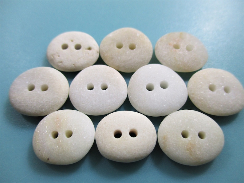 BEACH STONE 13mm BUTTONS 10 Flawless 2 Hole White Cream Real Surf Tumbled Natural Greek Rock Sewing Knitting Crochet Pebble Button Peb 2124