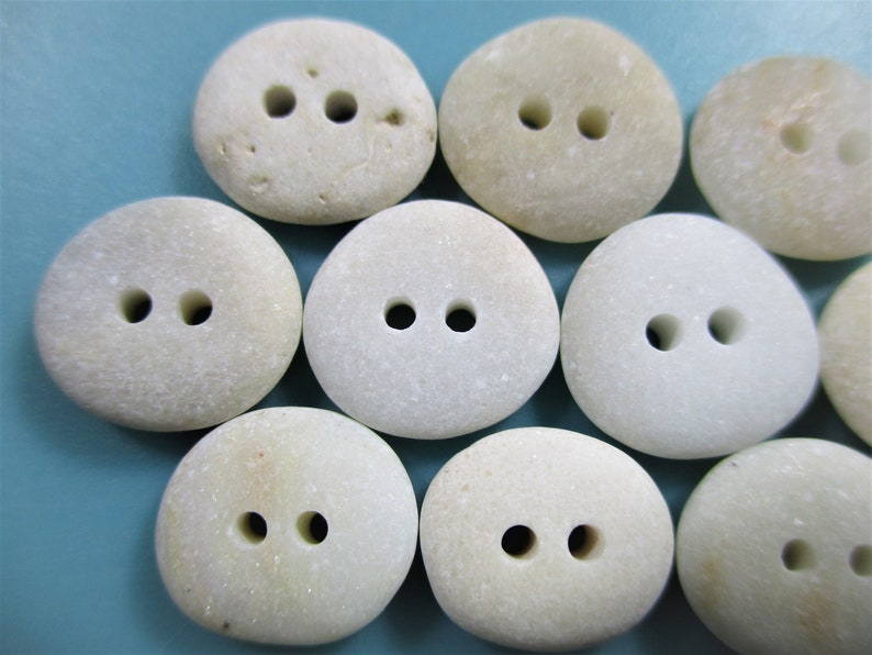 BEACH STONE 13mm BUTTONS 10 Flawless 2 Hole White Cream Real Surf Tumbled Natural Greek Rock Sewing Knitting Crochet Pebble Button Peb 2124