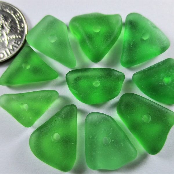 GENUINE SEA GLASS 14 mm Beads 10 Kelly Green Center Drilled Real Surf Tumbled Natural Greek Beach Found Seaglass Jewelry Quality Bead  C 514