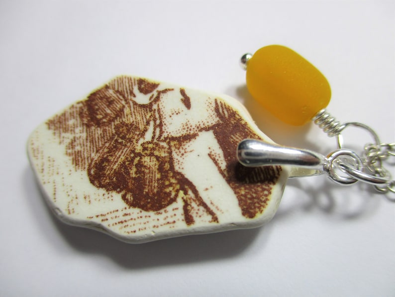 BEACH SEA POTTERY Necklace Sterling Silver Surf Tumbled Fire Yellow Vintage Sea Glass Bead Brown Beach Found Shard Pendant Jewelry N 859