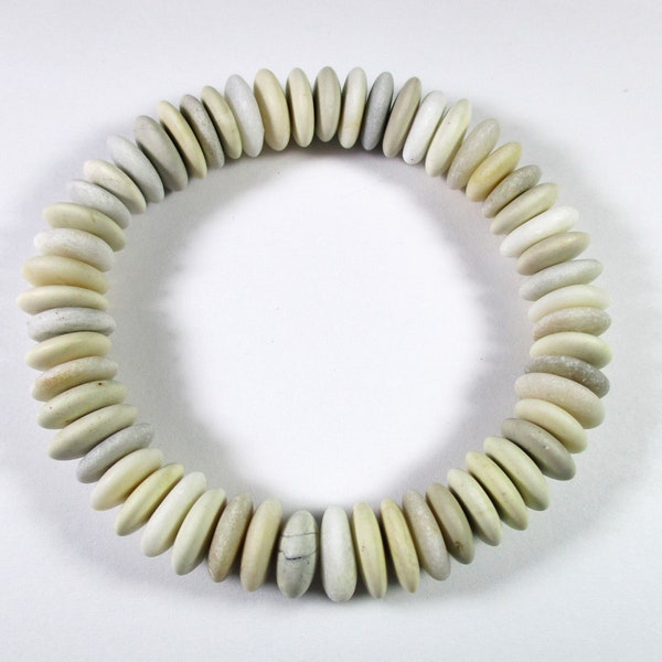 BEACH STONE BRACELET 11 mm Beads 55 Center Drilled White Cream Light Grey Real Surf Tumbled Natural Flat Sea Stones Rock Jewelry  Peb 2651
